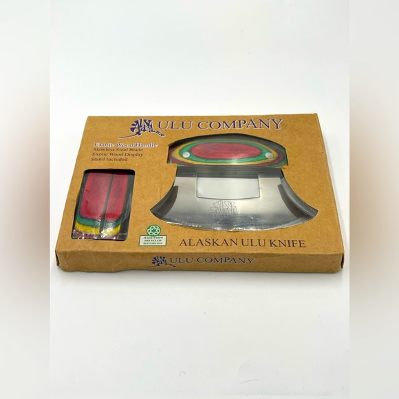 Alaska Ulu Knife Natural Exotic Wood Stand Etched Blade - Picture 3 of 4